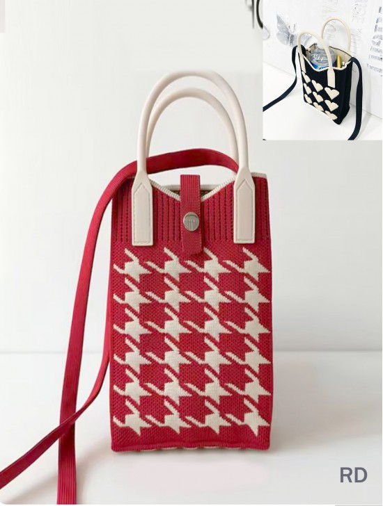 Large Capacity Super Soft Houndstooth Patterned Knitted Cellphone Bag W Strap (Heart Button Closure)
